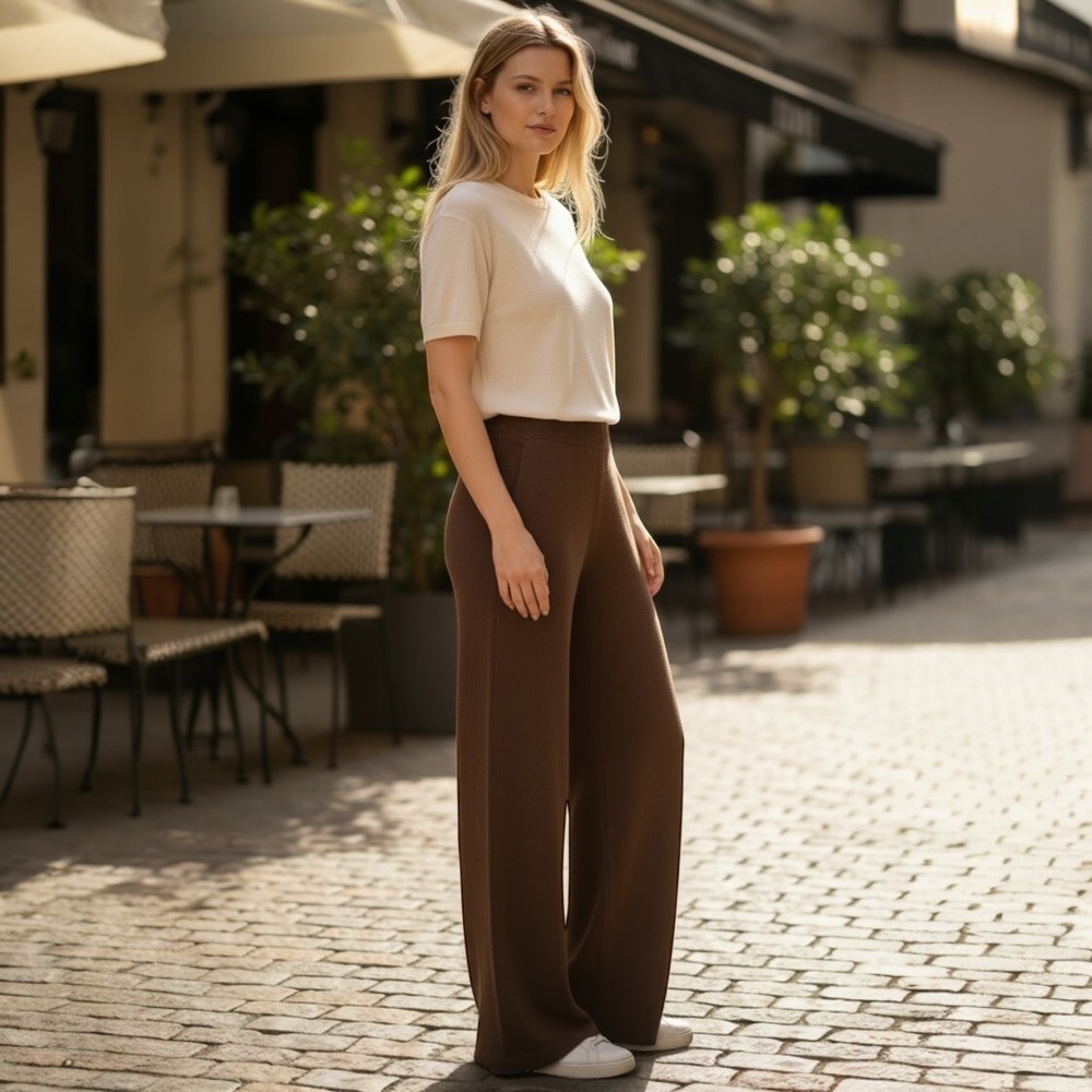 Dazy Brown Knit Wide Leg Lounge Pants Medium Elastic Waist Cozy